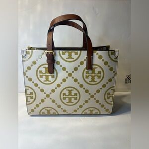 Tory Burch Gold and White Patterned Tote